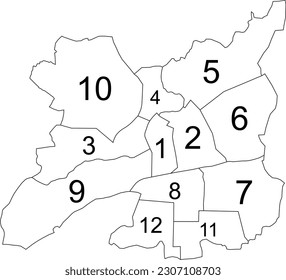 White flat vector administrative map of RENNES, FRANCE with name tags and black border lines of its quarters