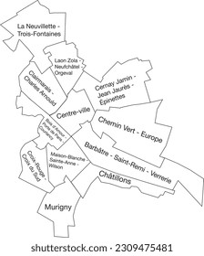 White flat vector administrative map of REIMS, FRANCE with name tags and black border lines of its quarters