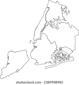 White flat vector administrative map of NEW YORK CITY, UNITED STATES with black border lines of its boroughs