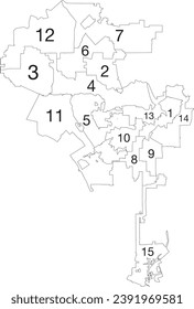 White flat vector administrative map of LOS ANGELES CITY COUNCILS, UNITED STATES with black border lines of its cities