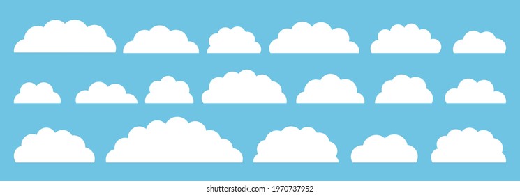 White flat vector cloud set. Clouds cartoon symbols on blue background with shadow for web site design, logo, app. Bubble icon collection for infographic design. Label and stickers