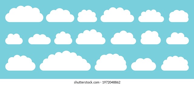 White flat vector cloud set. Clouds cartoon symbols on blue background with shadow for web site design, logo, app. Bubble icon collection for infographic design. Label and stickers