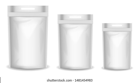 White flexible bag realistic, packaging mockup isolated, white foil for food, vector illustration
