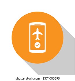 White Flight mode in the mobile phone icon isolated on white background. Airplane or aeroplane flight offline mode passenger regulation airline . Orange circle button. Flat design. Vector Illustration