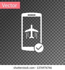 White Flight mode in the mobile phone icon isolated on transparent background. Airplane or aeroplane flight offline mode passenger regulation airline . Vector Illustration