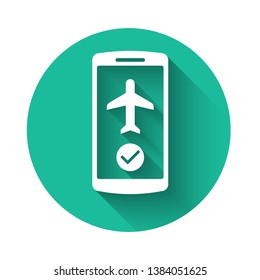 White Flight mode in the mobile phone icon isolated with long shadow. Airplane or aeroplane flight offline mode passenger regulation airline . Green circle button. Vector Illustration