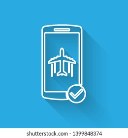 White Flight mode in the mobile phone line icon isolated with long shadow. Airplane or aeroplane flight offline mode passenger regulation airline . Vector Illustration