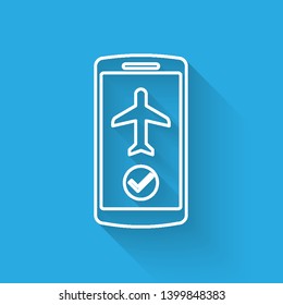 White Flight mode in the mobile phone line icon isolated with long shadow. Airplane or aeroplane flight offline mode passenger regulation airline . Vector Illustration