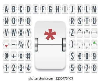 White flip board font with numbers to display stock exchange rates. Retro airport terminal mechanical scoreboard alphabet for financial info and timetable vector illustration