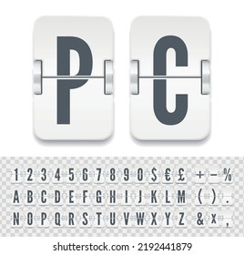 White flip board narrow font to display destination and timetable vector illustration. Airport terminal mechanical scoreboard alphabet with numbers for showing flight departure or arrival