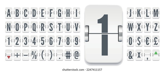 White flip board narrow font to display stock exchange rates vector illustration. Airport terminal mechanical scoreboard alphabet with numbers for showing flight departure or finance information