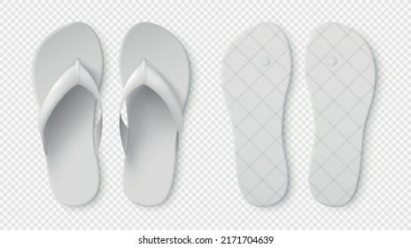 White flip flops. Realistic bathroom slippers mockup. 3D sandals top and bottom view. Beach or pool rubber shoes. Fashion summer accessories. Footwear pair. Vector casual