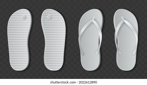 White flip flops sandals. Realistic beach rubber slippers. Bathroom or pool shoes set with open fingers. Summer barefoot. Top view of vector isolated footwear pair with plastic sole