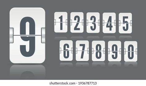 White flip mechanical score board numbers with reflections floating on different height on dark background. Vector template for time counter or web page timer