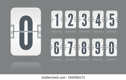 White flip mechanical score board numbers floating with reflections on gray background. Vector template for time counter or web page timer
