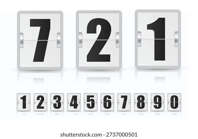 White Flip Scoreboard Number Set with Reflection, Mechanical Split-Flap Countdown Timer and Calendar Vector Illustration