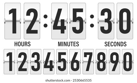 White flipboard with numbers. Info board with watches.