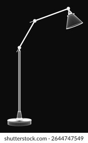 White floor lamp with sleek modern design stands against a black background for high contrast. Features a curved arm, round base, and adjustable shade for customizable lighting.