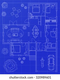 White floor plan sketch of a house on millimeter paper.