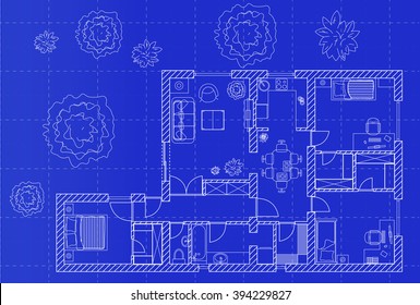 White floor plan sketch of a house on millimeter paper.