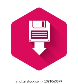 White Floppy disk backup icon isolated with long shadow. Diskette sign. Pink hexagon button. Vector Illustration