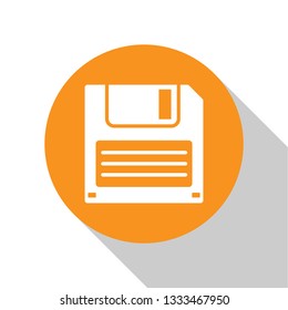White Floppy disk for computer data storage icon isolated on white background. Diskette sign. Orange circle button. Flat design. Vector Illustration