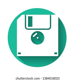 White Floppy disk for computer data storage icon isolated with long shadow. Diskette sign. Green circle button. Vector Illustration