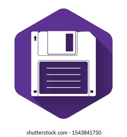 White Floppy disk for computer data storage icon isolated with long shadow. Diskette sign. Purple hexagon button. Vector Illustration
