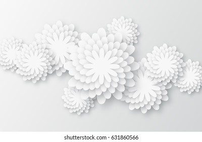 White floral background with paper chamomile and drop shadow. Vector design illustration.