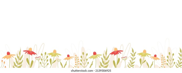 White floral banner. Flat summer and spring green, red and yellow flowers and plants. Design background.