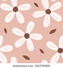 white floral blooming with leaf cozy autumn seamless pattern 