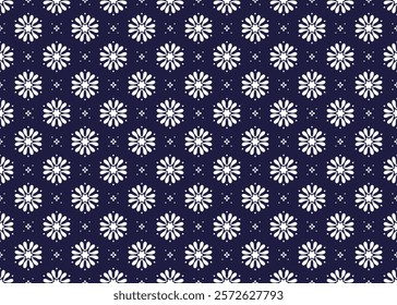 White floral blooming on dark blue background, ethnic fabric seamless pattern, design for cloth, carpet, batik, wallpaper, wrapping etc.