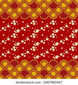 White Floral Blossom in Red Background Asian Style Abstract Pattern