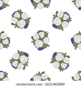 White Floral Bouquet Seamless Pattern. Stylized hand-drawn flowers and green leaves on white background in minimal botanical style.