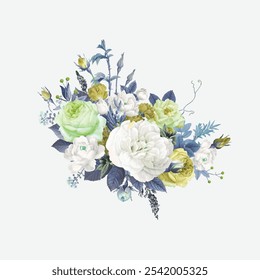 Bouquet floral branco.Illustrator e designer. Convites de casamento, salvar a data, Convites de aniversário, Convites de vídeo, E-Cards.