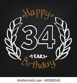 White Floral and Chocolate Hand Drawing 34 Years Happy Birthday  Floral Frame Illustration with Hand Writing. Vector Design for Kids, Event Shop, Company, Business, Family.