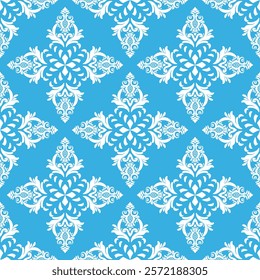 White floral damask seamless pattern on soft blue background. Fine vector traditional ornament with oriental elements. Design for ceramic pottery, sarees, and clothing.