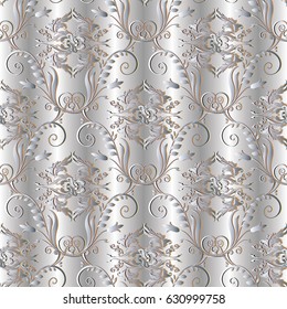 White floral damask seamless pattern. Light flourish vector background wallpaper illustration with surface 3d abstract flowers, swirl  leaves and antique damask  ornaments in Victorian style