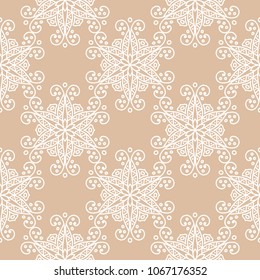 White floral design on beige background. Seamless pattern for textile and wallpapers