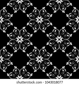 White floral design on black background. Seamless pattern for textile and wallpapers