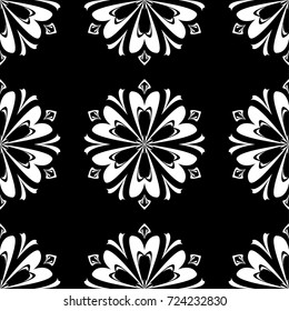 White floral design on black background. Seamless pattern for textile and wallpapers