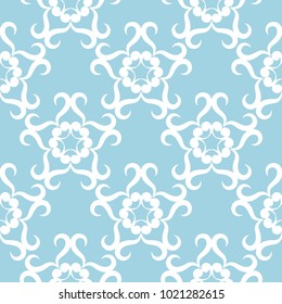 White floral design on blue background. Seamless pattern for textile and wallpapers