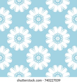 White floral design on blue background. Seamless pattern for textile and wallpapers