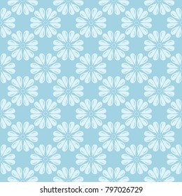 White floral design on blue background. Seamless ornament for textile and wallpapers