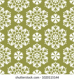 White floral design on olive green background. Seamless pattern for textile and wallpapers