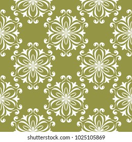 White floral design on olive green background. Seamless pattern for textile and wallpapers