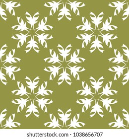 White floral design on olive green background. Seamless pattern for textile and wallpapers