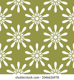 White floral design on olive green background. Seamless pattern for textile and wallpapers