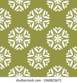 White floral design on olive green background. Seamless pattern for textile and wallpapers