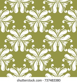 White floral design on olive green background. Seamless pattern for textile and wallpapers